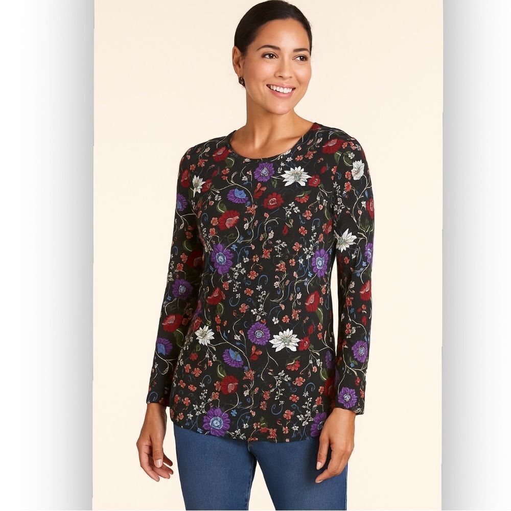 Chico’s Mystique Floral Long Sleeve Knit Top in Black NEW Size Small